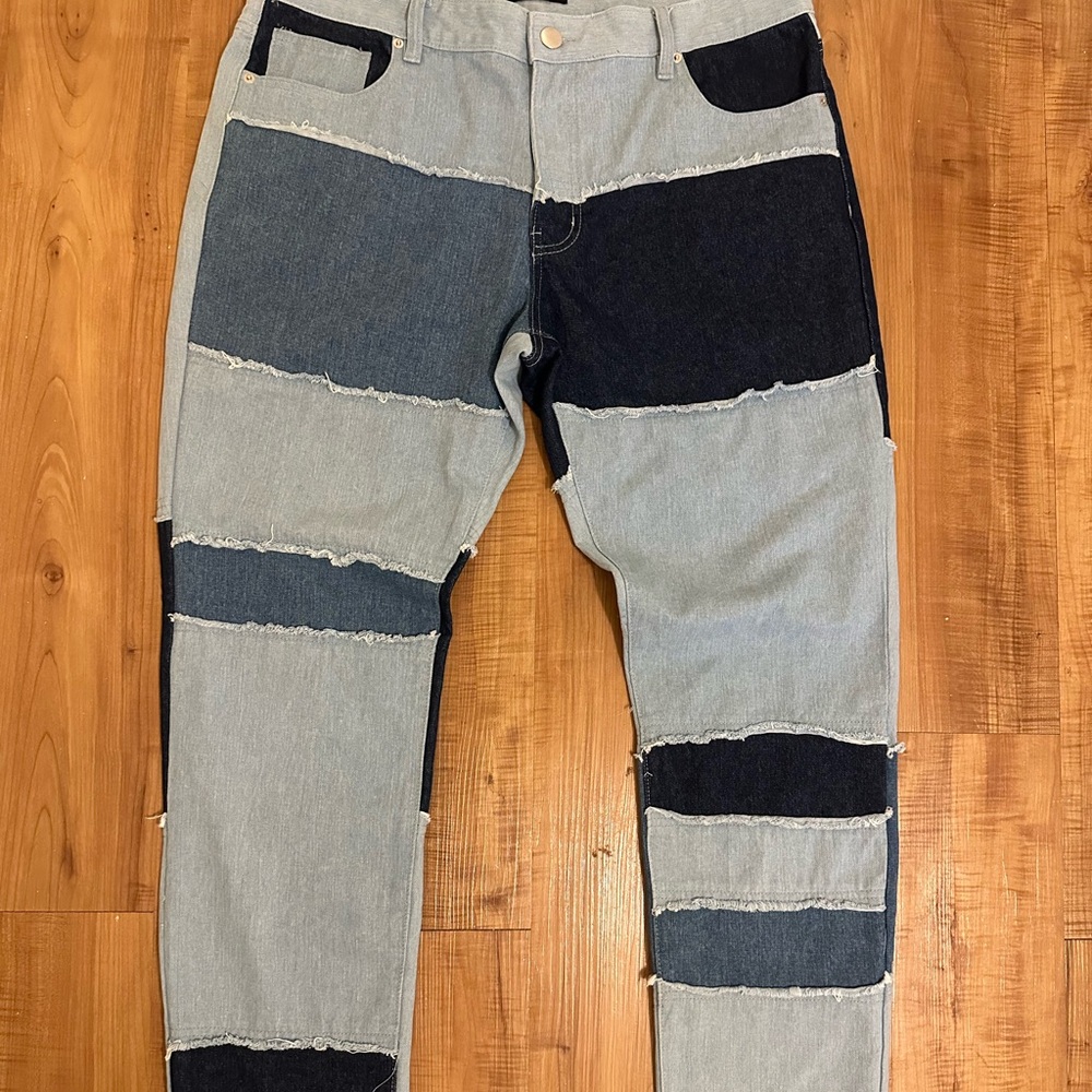 Fashion Nova Relaxed Blue and Black Jeans with Bold Patchwork